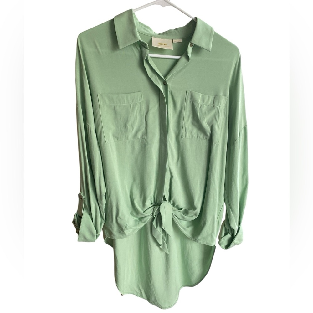 Maeve by Anthropologie Mint Green Roll Tab High Low Tunic Blouse, Women’s S